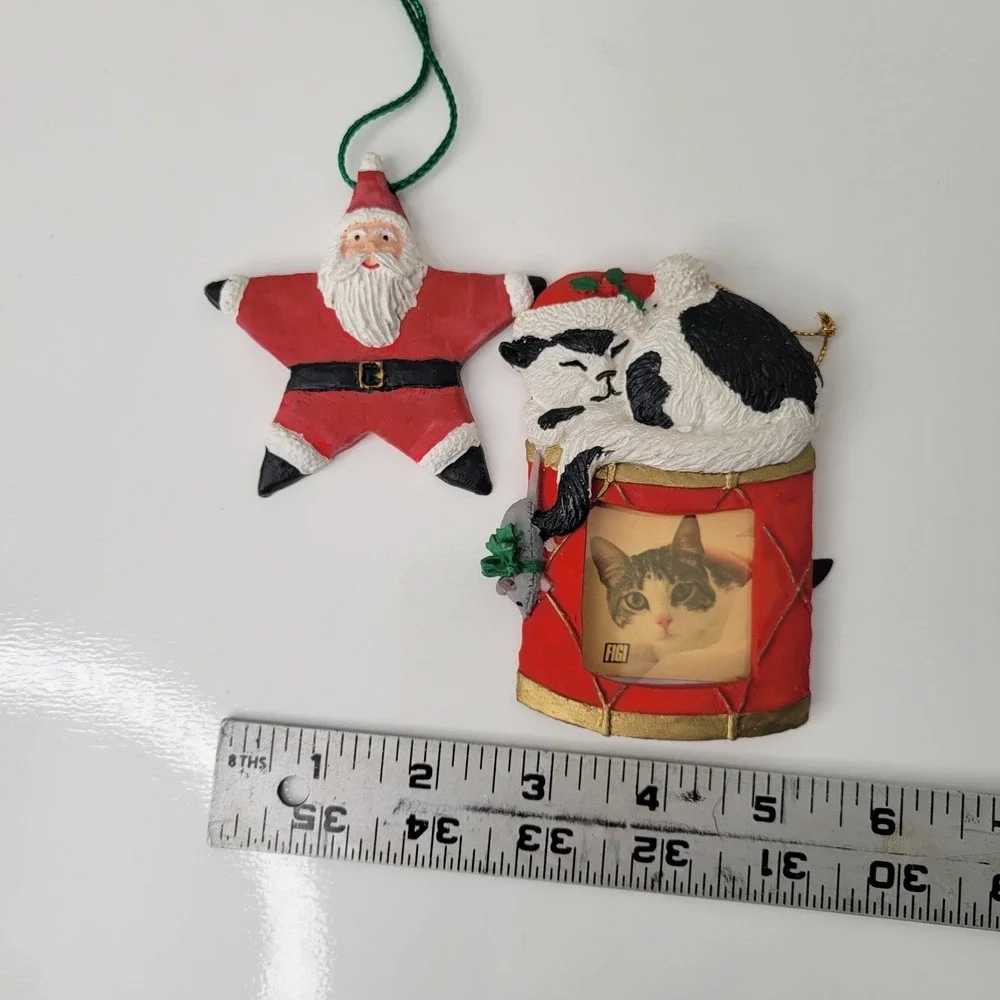 Vintage 1992 Star Santa &‎ Drum Kitten Photo Frame 1991 Christmas Ornaments Lot